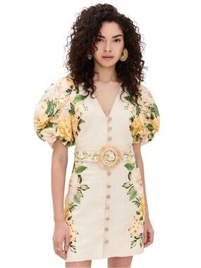 Farm Rio Puff Sleeves Linen Floral Mini Dress Garden Cascade Sand XS NWT